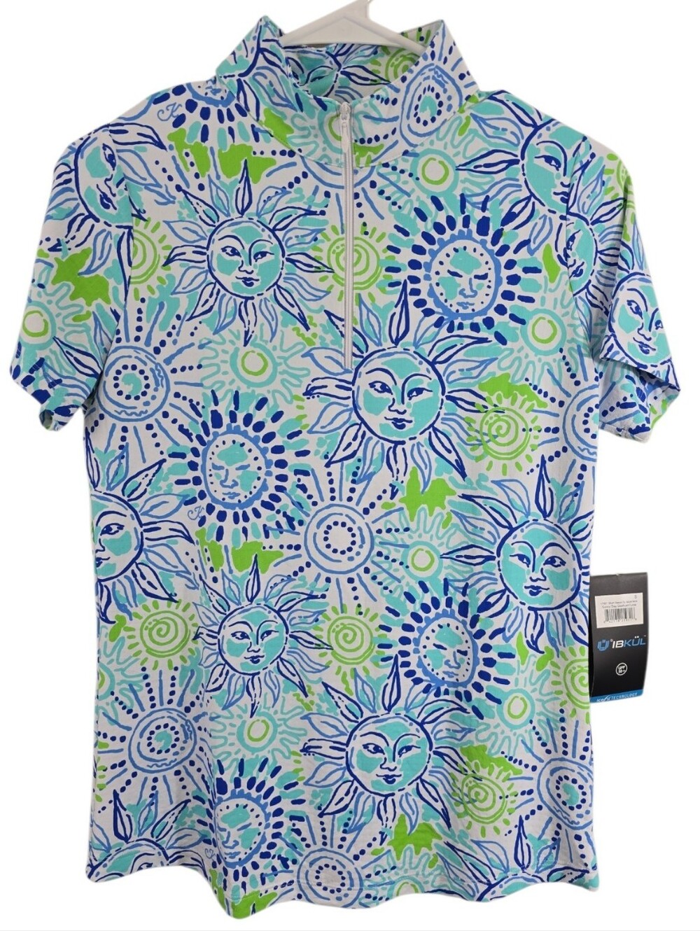 Ibkul Short Sleeve Zip Mock Neck Top Sunny Day Seafoam + Lime Small NWT UPF 50+